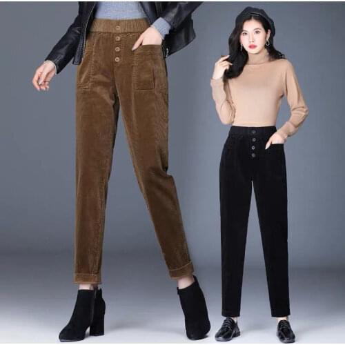 2021 Autumn Winter Women Solid Button Plus Velvet Pants Female Casual High Waist Harem Pants Lady Loose Thick Warm Trousers K559