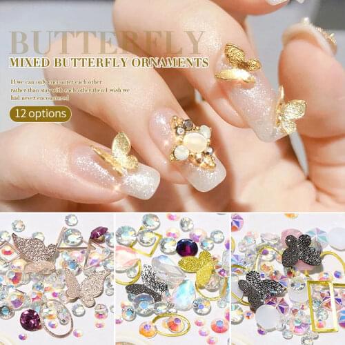 1Box Mix 3D Resin Emulational Design Butterfly AB Color Crystal Rhinestones Glitter Metal Sequins DIY Charm Nail Art Decorations