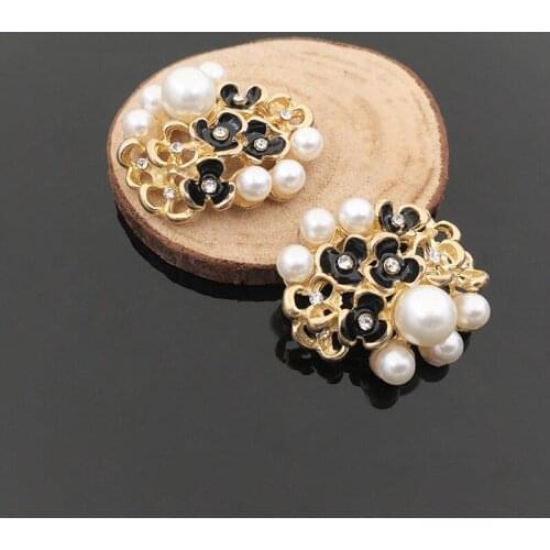 50pcs Pearl Crystal Black Flower Plum Blossom Buckle Button Rhinestone Applique Vintage Hairpin Hair Clip Decor Accessories