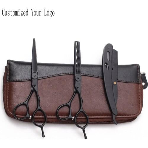 6" 17.5cm 440C Black Color Customize Logo Professional Hairdressing Scissors Cutting Shears Thinning Scissors Hair Scissor C9015