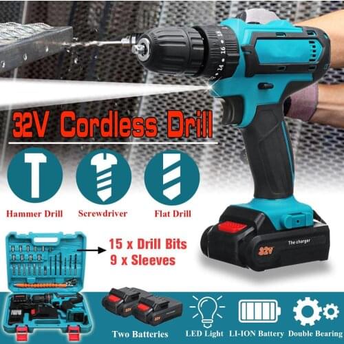 32V Max Cordless Screwdriver Impact Drill Power Driver 2 Batteries Electric Screwdriver 2 Speed 3 IN1 perforator Hammer Drill