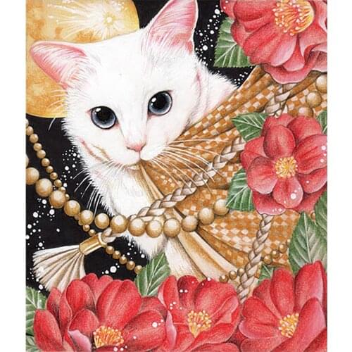 White Cat & Flowers Diamond Painting Round Full Drill Animal Floral Nouveaute DIY Mosaic Embroidery 5D Cross Stitch Home Decor