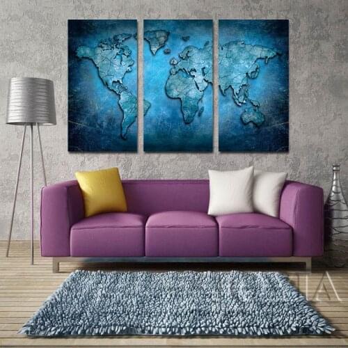 Large Wall Art World Map Canvas Painting Abstract Dark Blue Global Maps Printed Oil Paintings Home Living Decor 3 Piece No Frame