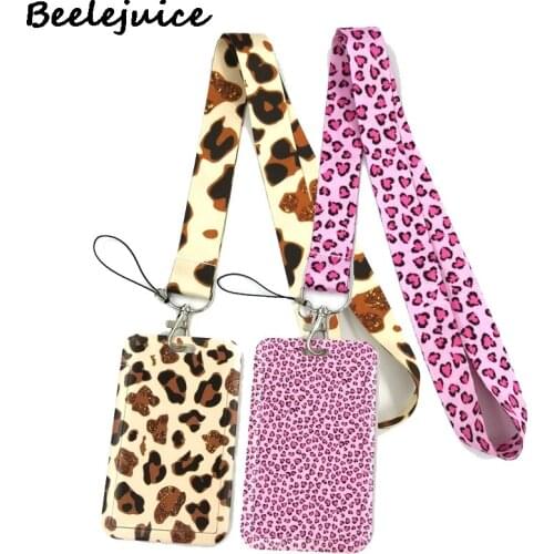 Pink Leopard Pattern Credit Card ID Holder Bag Student Women Bank Bus Business Card Cover Badge Accessories Gifts Lanyard Strap