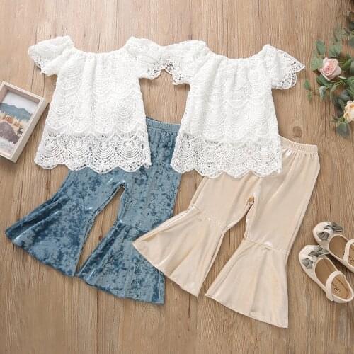 2Pcs Kids Summer Toddler Clothing Kids Girls Solid Color Lace Short-Sleeves T-Shirt Velvet Flared Trousers Outfits for 1-6Y