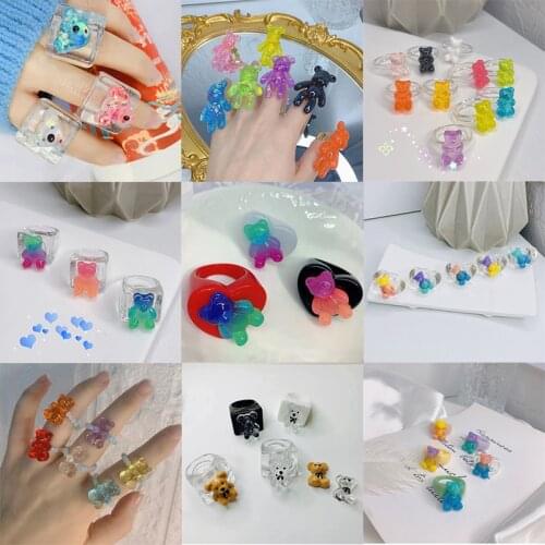 Korean Charms DIY Candy Color Bear Rings for Women Vintage Y2K Resin Cartoon Ring Girls 90s Style Fashion Jewelry Friends Gifts