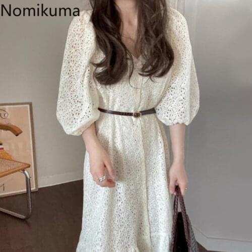 Nomikuma Korean Chic Elegant Dress Women V Neck Puff Sleeve Lace Hook Flower Cut Out Dresses Single Breasted Robe with Belt
