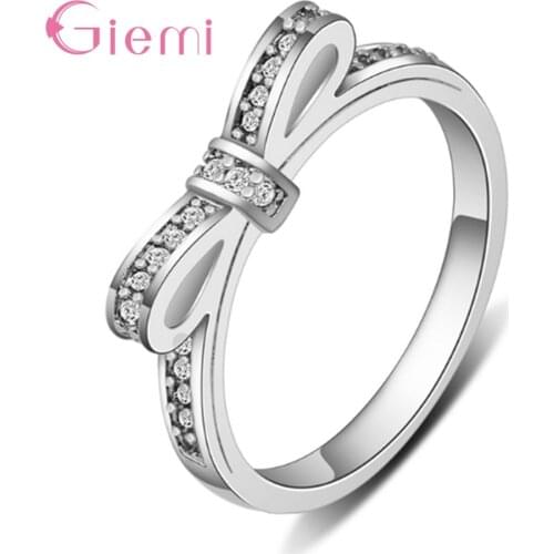 Lovely Opening 925 Sterling Silver Rhinestone Bow-Knot Ring for Women Girl Sparkling Stackabel Ring Bijoux Jewellry