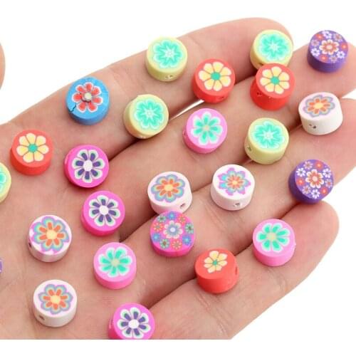 50Pcs Round Colorful Flower Clay Beads Polymer Chip Disk Loose Spacer Beads for Necklace Bracelets Jewelry Making DIY Supplies