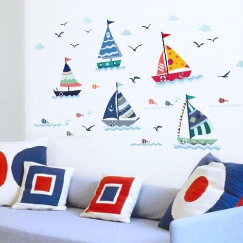Cartoon Sea View Sailboat Wall Stickers for Kids Room Bedroom Living Room Decoration Vinyl Home Decals Wallpaper