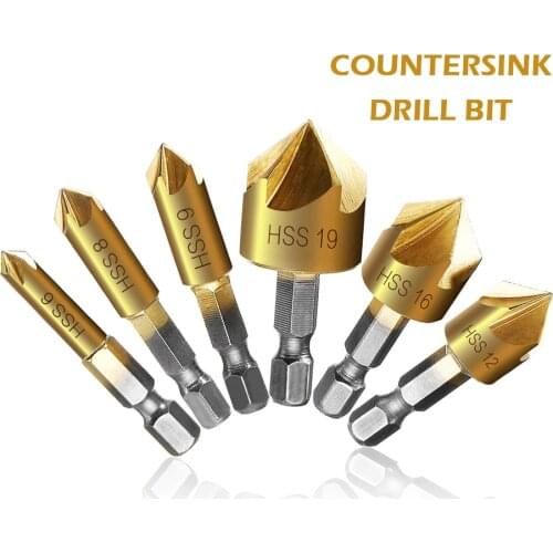 6pcs Countersink Drill Bit Set 1/4'' Hexagonal Shank HSS 5 Flutes Countersink Woodworking Chamfering Cutter Chamfer Core Bit