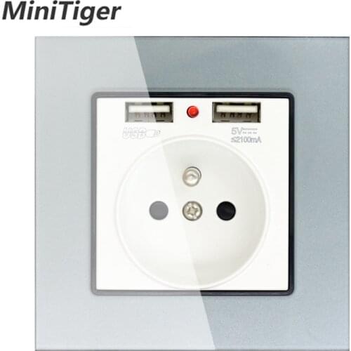 MiniTiger 16A French Standard Wall Power Socket With USB Crystal Glass Panel Outlet 2.1A Dual USB Socket Charger Port for Mobile