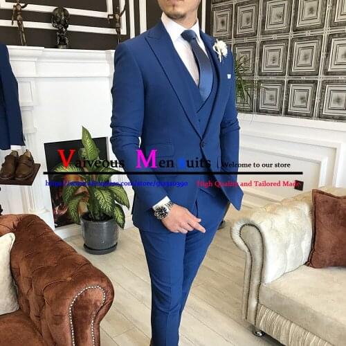 Royal Blue Slim Fit Men Suit Notched Lapel Wedding Groom Tuxedo Business Casual Blazer Costume Homme 3 Pieces Jacket Pant Vest