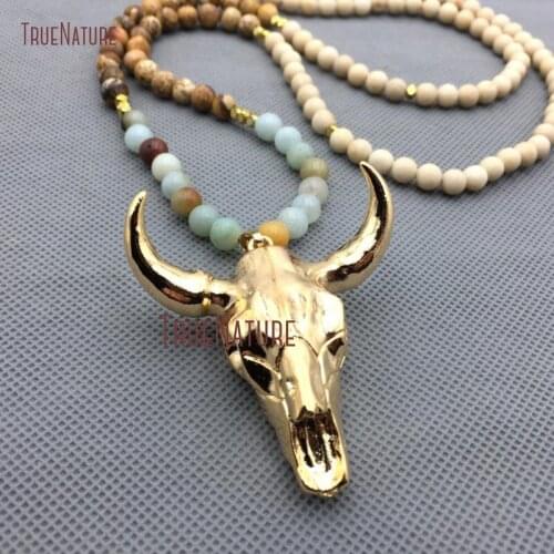 Pure Gold Color Full Finish Resin Charm Mix Stone Beaded Necklace Chic Fashion Jewelry Design Buffalo Pendant NM4313