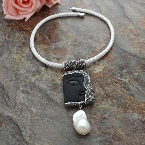 YYGEM 18" natural black stone caved Buddha Pendant White Leather Necklace White Keshi Pearl necklace religious style for women