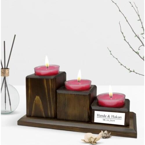 Personalized Is Decorative 3 Layer Natural Wooden Candle Holder-Walnut