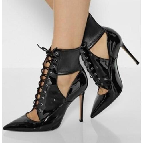 Sestito Girls Lace-up Stiletto Heels Dress Party Shoes Lady Pointed Toe Cut-outs Sandals Boots Women PU Patent Leather Shoes