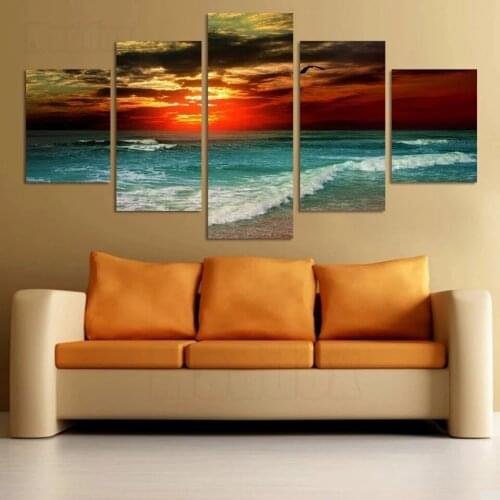 Modern Diamond Painting 5 Piece Blue Clear Sea Beautiful Sky Red Colorful Clouds Strange Natural Landscape Bedroom Decor Picture