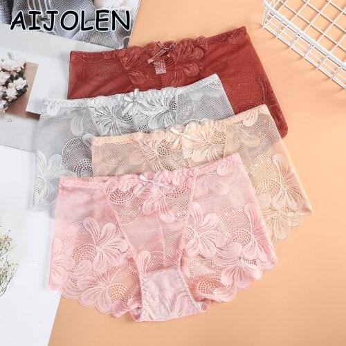 AIJOLEN XXL Large Size Lace Transparent Womens Panties Hollow Flower Pure Color Briefs Mid-waist Comfortable Elastic Underwear