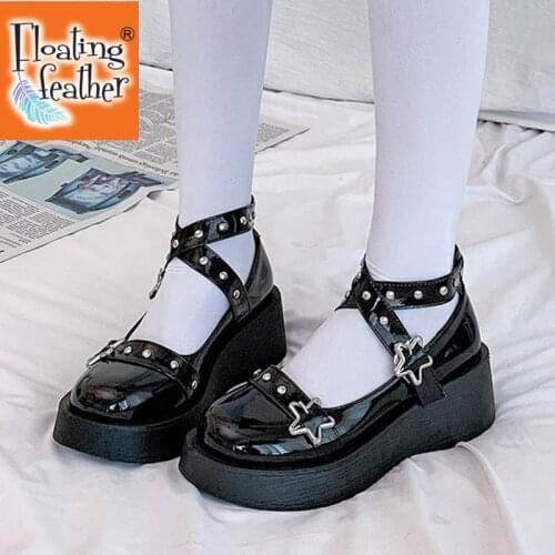 Lolita Shoes Star Buckle Mary Janes Shoes Women Cross-tied Platform Shoes Patent Leather Girls Shoes Rivet Casual Shoes 8570N