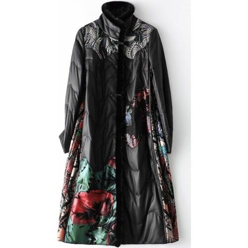 High End Thick Warm Loose Winter Fashion Mink Collar Printing Genuine Leather Duck Down Jacket Womens Fur Long High Street Coat