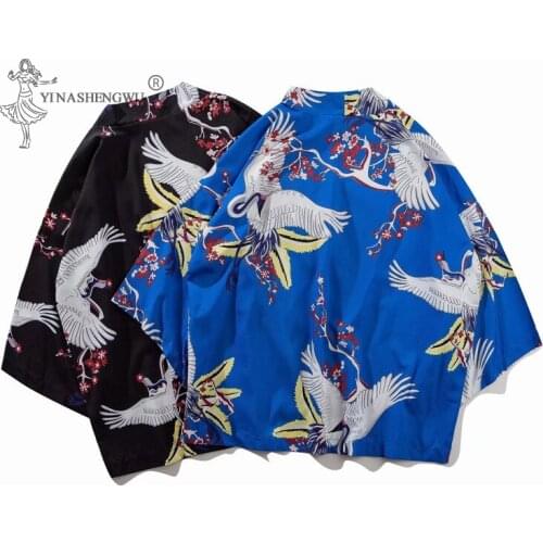 Japanese Kimonos Couple Crane Print Cardigan Men Haori Loose Shirts Women Samurai Style Chinese Traditional Coats Janpan Clothes