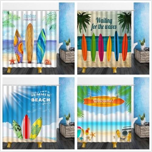 Surfboard Shower Curtains Beach Summer Sunshine Wooden Board Pattern Mildew Proof Multi-size Bathroom Home Decor Cloth Curtain