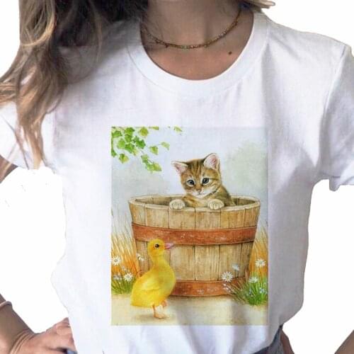 Calender Cat And Duck Oil Painting print ladies T-shirt casual basics O-collar white shirt short sleeve ladies T-shirt,Drop Ship