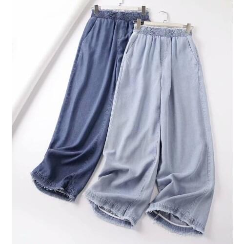 Plus size denim wide leg pants women blue Jeans pants elastic waist casual spring summer high waist jeans pants streetwear