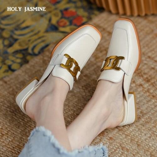Square Toe Women Sandals Concise Genuine Leather Thick Heels Women Mules Shoes Elegant Basic Office Lady Shoes Slippers Women