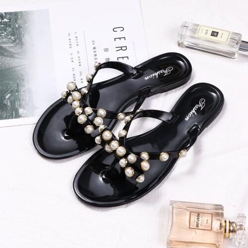 Womens Jelly Flip-flops, Pearl Bowknot Crystal Shoes, Hollow Flat Heel Flip Flops Flat Slippers for Women