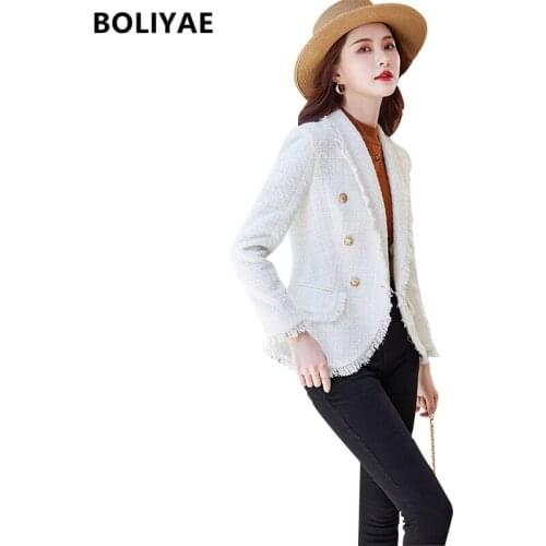 Boliyae Autumn Winter Suit Coat Women Fashion Tweed Plaid V-neck Jacket Long Sleeve Elegant Blazers Black Outerwear Chic Tops
