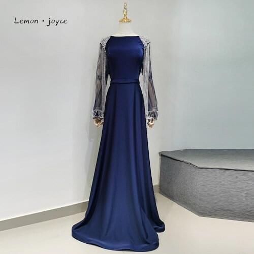 Long Sleeve Beading Mermaid Prom Dresses Design 2020 Dubai O-Neck Sexy Satin A Line Prom Gowns For Woman