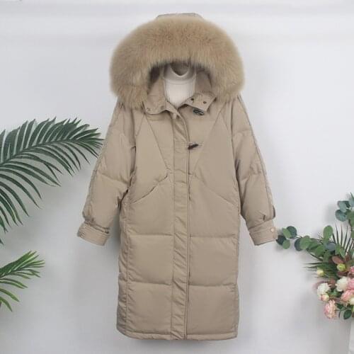 MENINA BONITA 2021 New X-long Winter Jacket Women Real Natural Fox Fur Collar Hooded White Duck Down Coat Warm Loose Outerwear