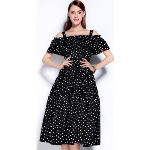 2020 Spring Newest Brand Fashion Style A-Line Slash Neck Off the Shoulder Ruffled Dots Print Elegant Long Dresses Women