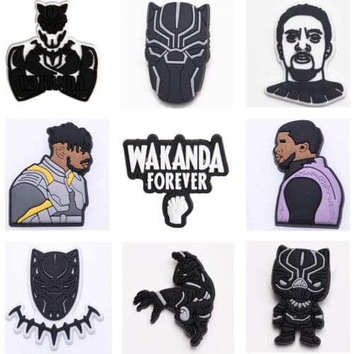 1 pcs PVC Croc Charms Designer JIBZ Black Panther for Croc Sandals Accessories Black Lives Matter Buckle Deserve for kid gift