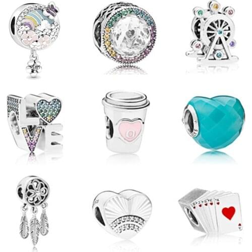 100% 925 sterling silver pan charming beads multicolor ferris wheel playing bright heart shape love to drink to the rainbow