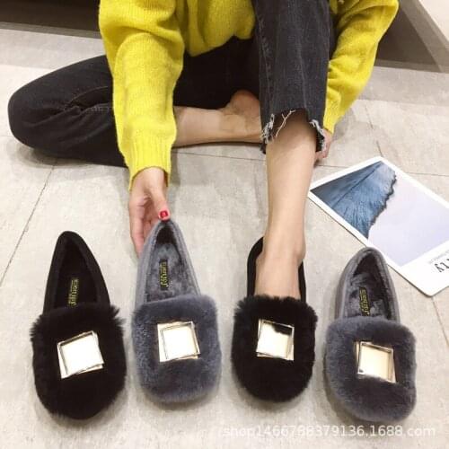 35-43 Plus Size winter furry flats women metal glitter shoes real rabbit fur plush moccasins loafers ladies oxfords espadrilles