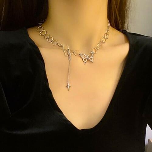 Vogallery Sexy Butterfly Pendants Necklaces For Women Fashion Silver Color Chain On The Neck Tassels Ring Chains