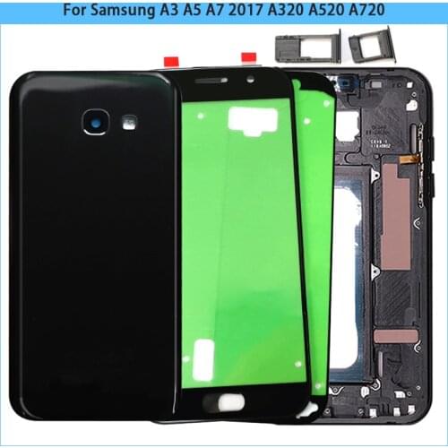 New A320 A520 A720 Housing CaseFor Samsung Galaxy A3 A5 A7 2017 Battery Back Cover Middle Frame Front Glass Panel Camera Frame