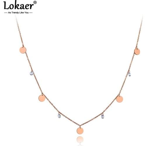 Lokaer Titanium Stainless Steel Small Disc Charm Choker Necklaces Bohemia CZ Crystal Pendant Necklace For Women Girls N20008