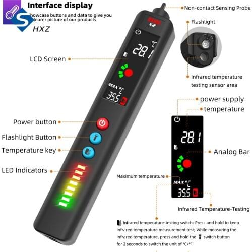 X2 Smart Digital Multimeter Infrared Temperature Measuring LCD Screen AC DC Voltage Detector Pen LED Flashlight with Alarm