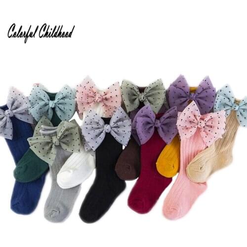 Infant Cotton Socks Child Girls Pure Candy Color Knee High Long Baby Kids Girl Happy Socks With Bows knie sokken meisjes 0-10t