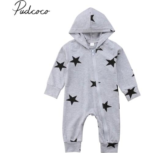 2018 Brand New Autumn Winter Toddler Baby Girl Boy Warm Romper Longsleeve Hooded Zipper Star Grey Jumpsuit Playsuit Outfit 0-24M