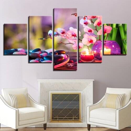 HD Print Picture Room Wall Art Frame 5 Pieces Purple Moth Orchid Candle Painting Home Decoration Canvas Flower Stone Poster