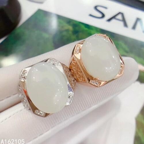 925 pure silver Chinese style natural white jade men noble luxury oval adjustable large gem ring fine jewelry support detection
