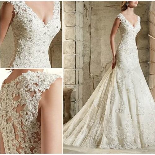 2020 Lace V Neck Wedding Dresses For Bride Appliques Bead Wedding Party Bridal Gowns Vestido De Noiva Brautkleider Vintage Gown