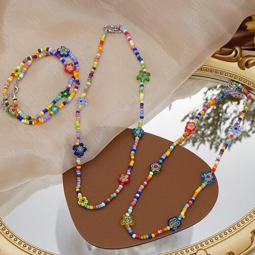 Minar Boho Candy Color Beads Chokers Necklaces for Women Lady 2021 Summer Rainbow Beaded Glass Flower Chain Necklace Jewelry
