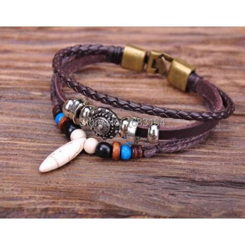G61 Bronze New Leather Wood Beads Bangle Bracelet Cuff Mens Surfer Natural Stone