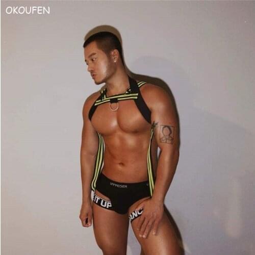Men Ds Sexy Chest Strap Fluorescent elastic bandage one-piece hollow strap Nightclub bar stage outfit